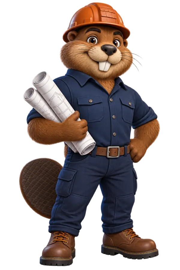 Bizzy the Beaver, the MyRoofBiz mascot, wearing a hard hat and holding roofing plans